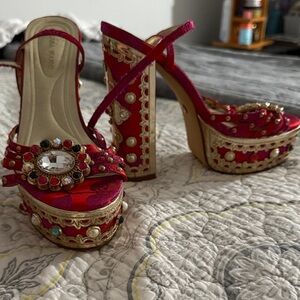 Azalea Wang Pink Platform Heels with Jewel Accents